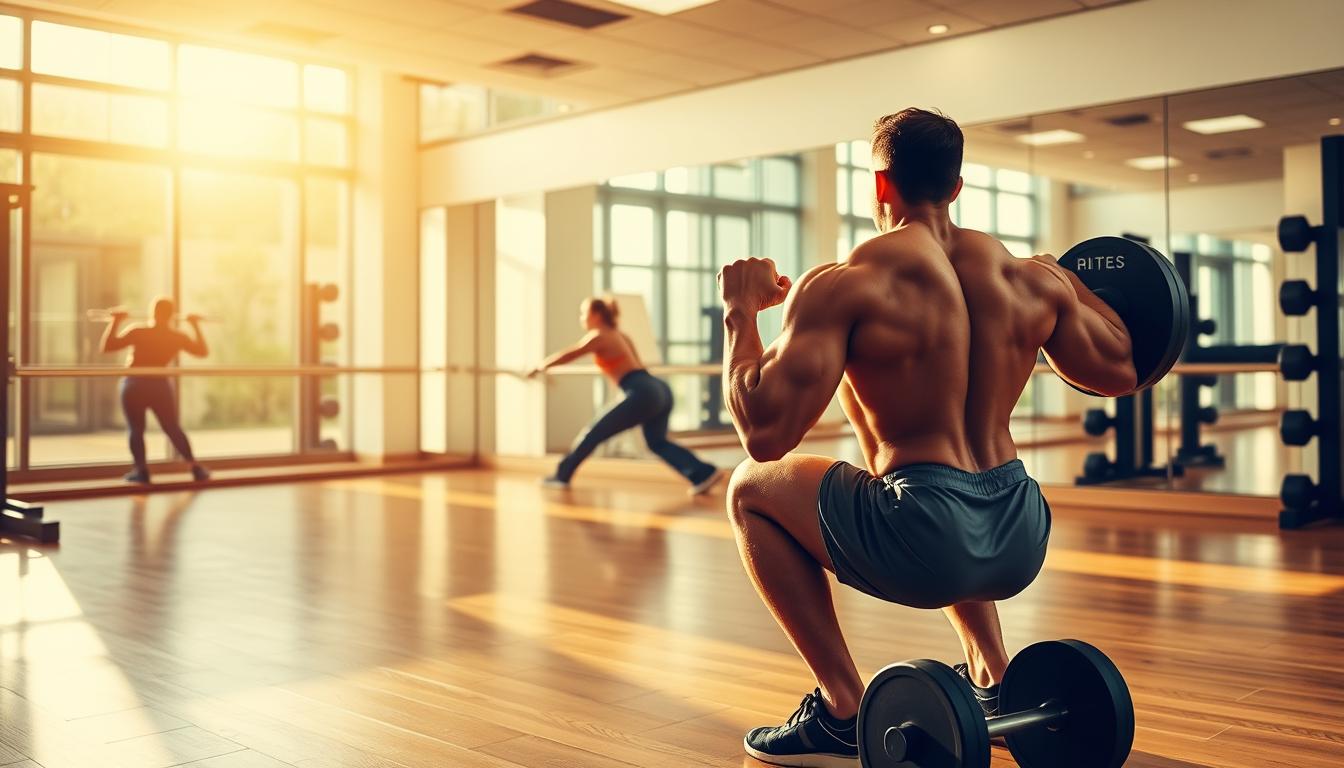A well-lit gym interior with wooden floors and mirrored walls. In the foreground, a muscular individual performing a weighted squat, their powerful legs and core engaged. In the middle ground, another person executing a dynamic back extension, their spine arching with control. The lighting is warm and natural, casting a golden glow that enhances the definition of the subjects' physiques. The overall atmosphere is one of focus, determination, and the pursuit of physical excellence. riyadawatatwir