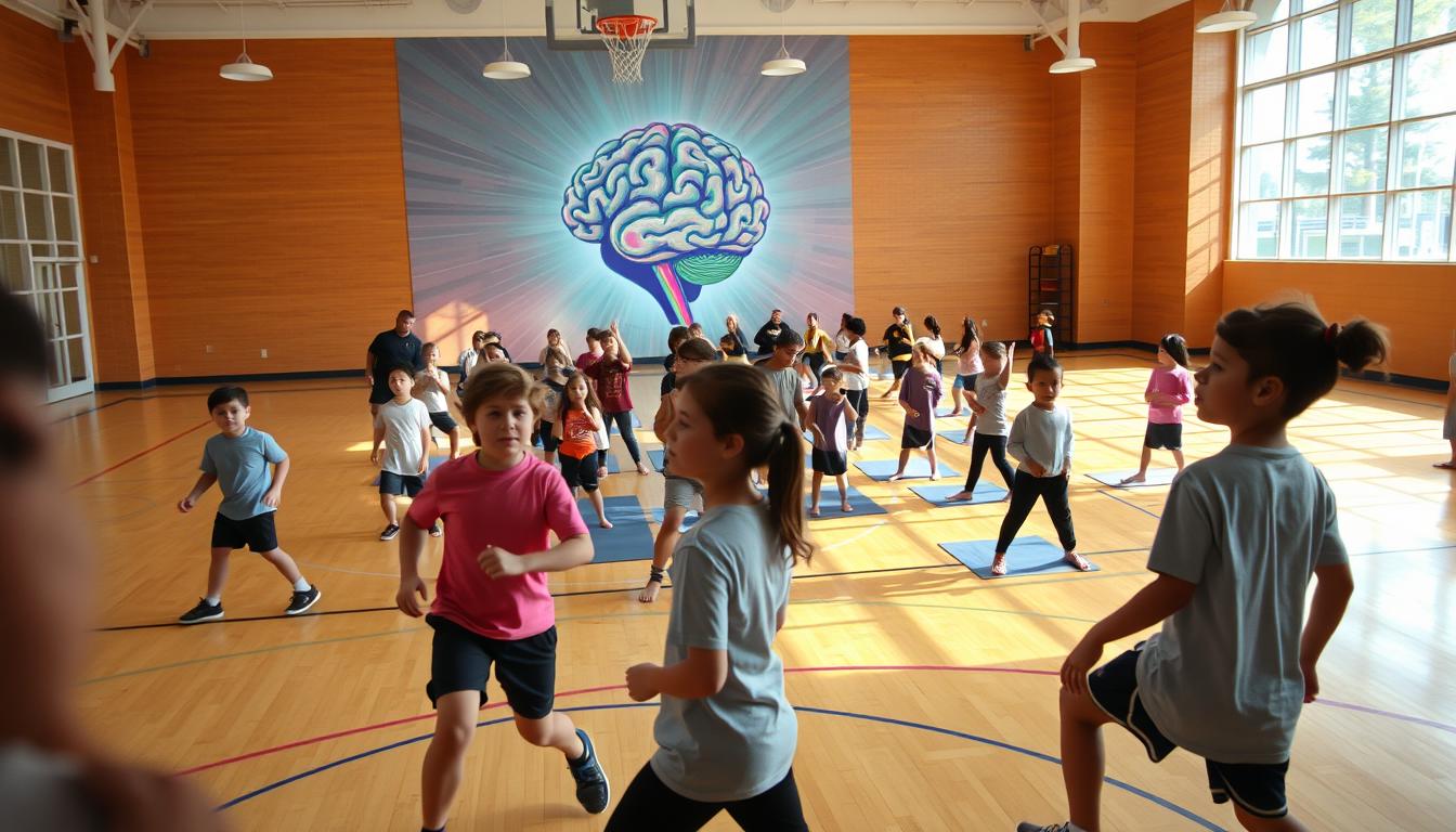 A serene, well-lit indoor gymnasium filled with young students engaged in various physical activities. In the foreground, a group of students intently focused on a game of basketball, their movements fluid and coordinated. In the middle ground, a cluster of students practicing yoga poses, their faces exuding a sense of calm concentration. The background features a vibrant wall mural depicting the human brain, symbolizing the connection between physical activity and cognitive function. The lighting is soft and natural, casting a warm glow over the scene. The overall atmosphere conveys a harmonious balance between physical and mental wellness.