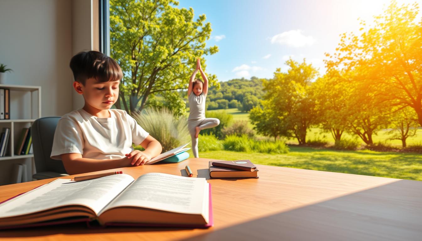 A serene study space where a young student sits comfortably, lost in concentration. In the foreground, an open book and stationery on a wooden desk, bathed in warm, natural lighting. In the middle ground, a child performing a yoga pose, their body in graceful balance, symbolizing the mental clarity and focus brought by physical activity. The background depicts a vibrant, verdant landscape, with lush trees and a clear blue sky, evoking the rejuvenating power of the outdoors. The overall scene conveys the harmonious integration of physical, mental, and environmental elements that can enhance academic performance.