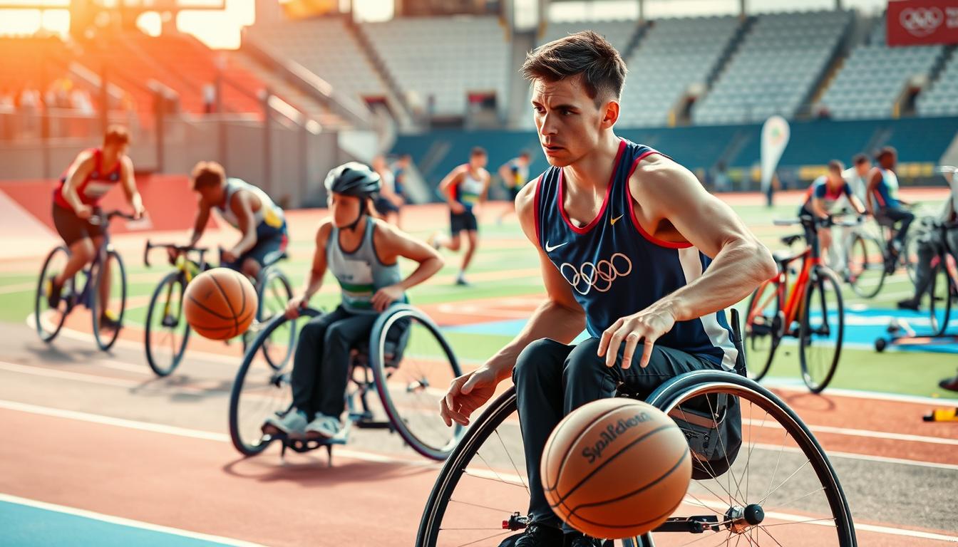 A vibrant scene showcasing various Paralympic sports. In the foreground, a wheelchair basketball player maneuvers the ball with precision, their determined expression conveying the thrill of competition. In the middle ground, a group of Para-athletes engage in a track and field event, their adaptive equipment enabling them to push the boundaries of human potential. The background features a diverse range of adaptive sports equipment, from hand-cycled bicycles to specialized swimming aids, all bathed in warm, natural lighting that highlights the inclusivity and accessibility of these disciplines. The overall atmosphere celebrates the perseverance, skill, and joy inherent in the world of adaptive sports.