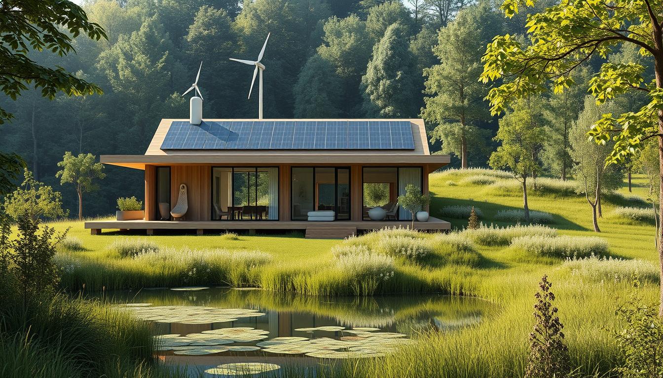 Detailed architectural rendering of a modern, eco-friendly home nestled in a lush, verdant landscape. The home's sleek, minimalist design features clean lines, large windows, and a seamless integration with the surrounding nature. Abundant use of natural materials like wood, stone, and glass creates a warm, inviting ambiance. Rooftop solar panels and a small wind turbine are visible, powering the home's sustainable energy needs. A tranquil pond reflects the home's elegant silhouette. The scene is bathed in soft, natural lighting, creating a serene, calming atmosphere. This image is meant to illustrate the "Eco-Luxury in Home Design and Living" section of the article "Eco-Luxury: The Art of Sustainable Living in a Modern World" on ecobegginer.com.