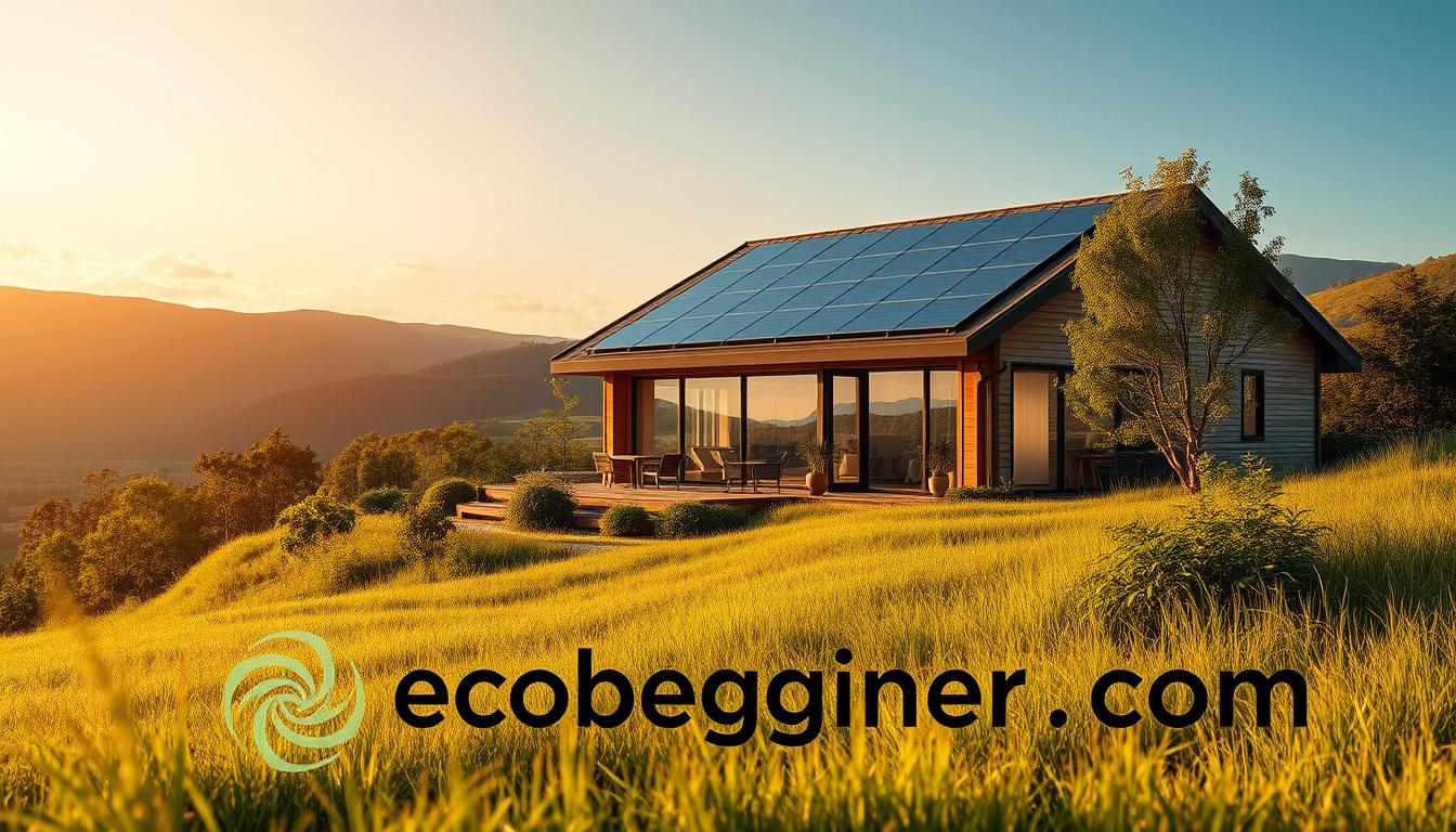 A serene, well-designed eco-home nestled in a lush, verdant landscape. Sleek, sustainable materials like solar panels, timber cladding, and energy-efficient windows blend seamlessly with the surrounding nature. Warm, diffused lighting illuminates the home's modern, minimalist silhouette, casting gentle shadows. The foreground showcases cutting-edge home automation technology, with the ecobegginer.com brand prominently displayed. In the background, rolling hills and a cloudless, azure sky create a tranquil, aspirational atmosphere, highlighting the harmony between technology and the natural world.