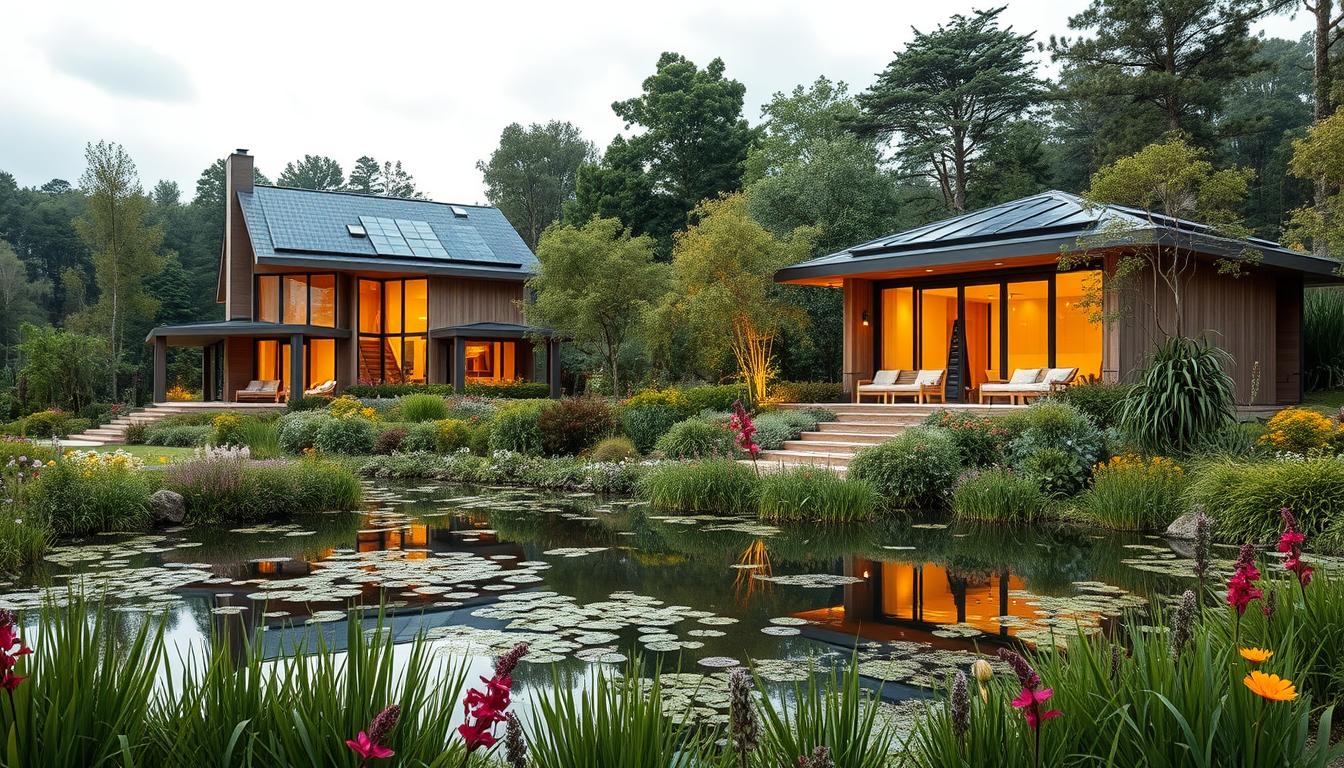Serene eco-luxury homes nestled in a lush, sustainable landscape. Sleek modern architecture with clean lines and large windows that seamlessly integrate with the surrounding nature. Solar panels on the roofs, geothermal heating, and sustainable materials like reclaimed wood and bamboo create an energy-efficient, low-carbon footprint. A tranquil pond reflects the homes, surrounded by vibrant greenery and colorful flowers. Warm, diffused lighting casts a cozy glow, capturing the essence of sustainable living in harmony with the environment. ecobegginer.com