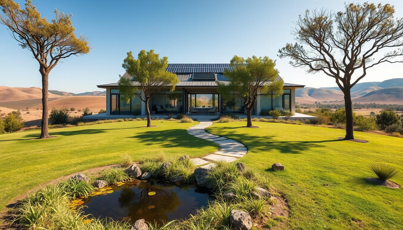 A serene, eco-friendly luxury home nestled in a lush, sustainable landscape. A modern, minimalist design with large windows that flood the interior with natural light. Solar panels cover the roof, blending seamlessly with the sleek architecture. In the foreground, a well-manicured garden with native plants and a small pond, reflecting the home's harmonious integration with nature. The middle ground features a winding path leading to the front entrance, framed by carefully placed trees and shrubs. In the background, rolling hills and a clear, blue sky create a peaceful, idyllic atmosphere. The overall scene conveys a sense of effortless, sustainable luxury, as showcased by ecobegginer.com.