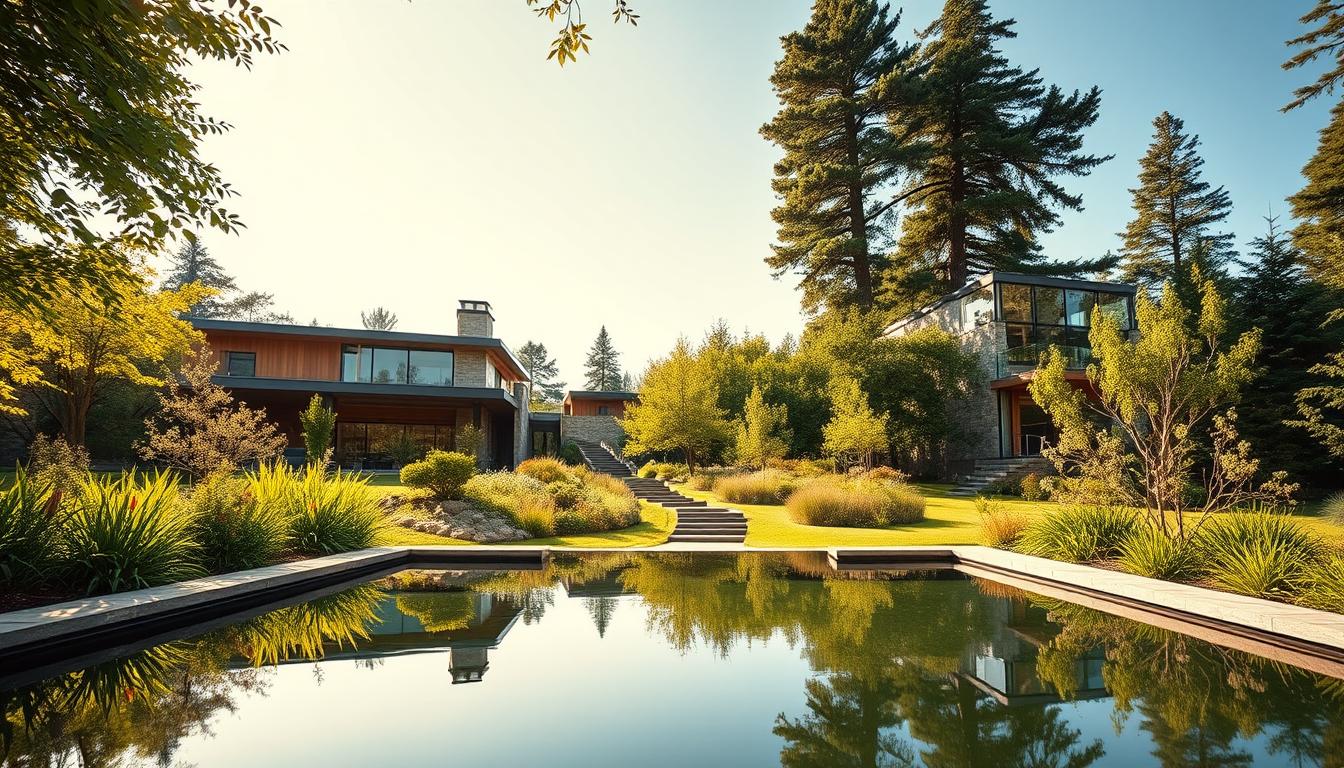 A modern, eco-friendly luxury home nestled in a lush, verdant landscape. The architecture features clean lines, large windows, and sustainable materials like wood and stone, seamlessly blending with the natural surroundings. In the foreground, a serene reflecting pool mirrors the home's elegant facade. The middle ground showcases a manicured garden filled with native plants and a winding path leading to the entrance. The background is framed by towering trees and a clear, blue sky, creating a sense of tranquility and harmony. Warm, natural lighting bathes the scene, emphasizing the home's commitment to sustainability and connection with the environment. ecobegginer.com