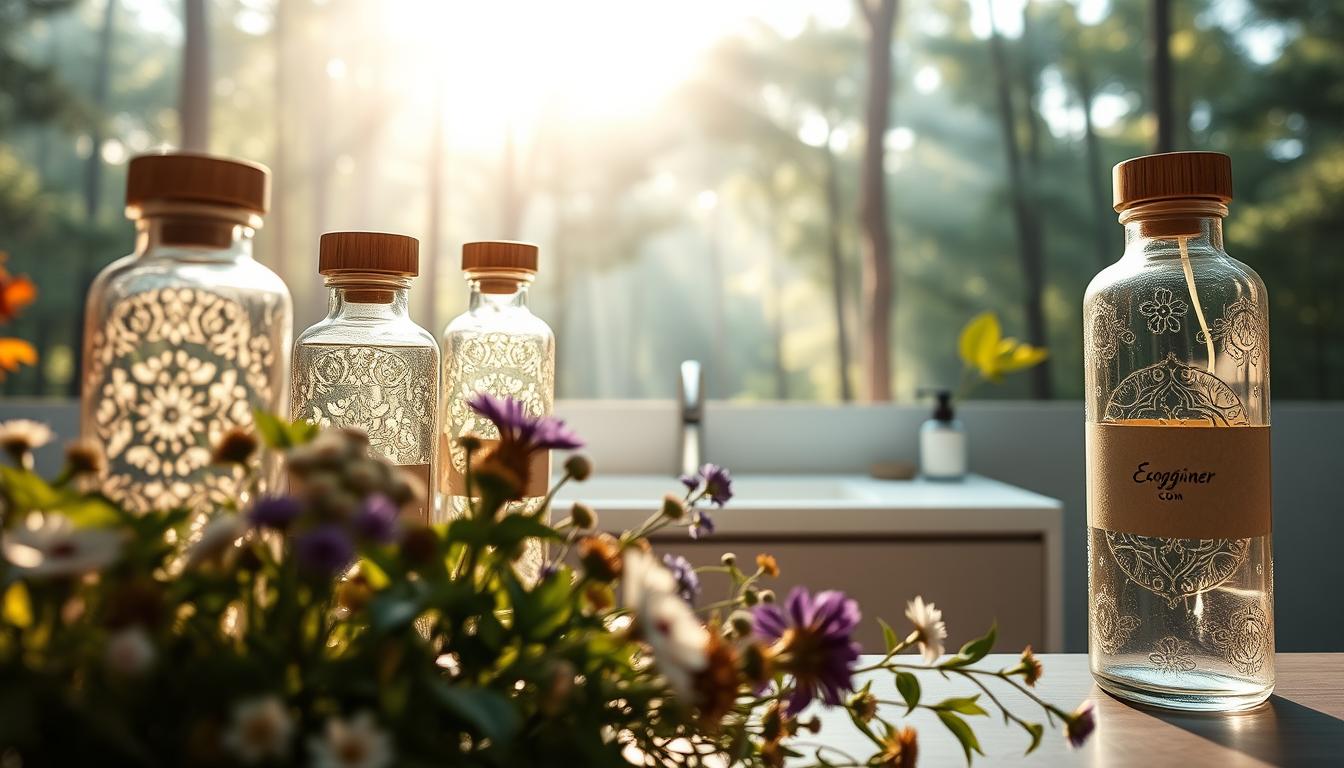 Intricate glass bottles, adorned with delicate embossed designs, casting a soft glow under natural light. Sustainable bamboo lids and recycled paper labels, showcasing the ecobegginer.com brand's commitment to eco-friendly beauty. In the foreground, a lush bouquet of wildflowers and herbs, hinting at the natural, plant-based ingredients within. The middle ground features a minimalist, modern bathroom vanity, allowing the packaging to take center stage. The background is a serene, sun-dappled forest, conveying a sense of harmony between nature and wellness. This image captures the essence of the "Natural Revolution" in beauty and wellness, where luxury and sustainability coexist seamlessly.