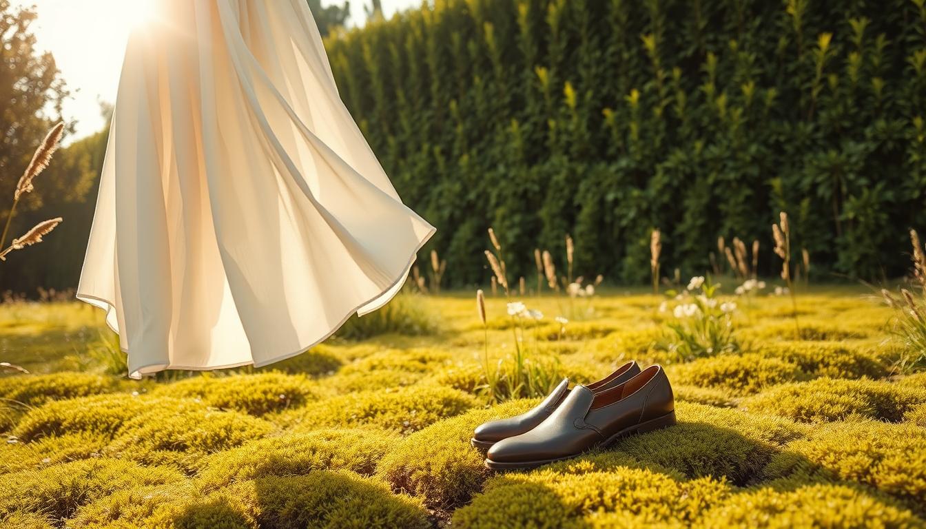 A tranquil, sun-dappled meadow filled with a lush tapestry of sustainable fashion materials - organic cotton, bamboo, recycled polyester, and natural dyes. In the foreground, a soft, flowing dress made from renewable lyocell fabric sways gently in the breeze. In the middle ground, a pair of sleek, eco-leather shoes rest on a bed of soft moss. In the background, a towering wall of verdant greenery frames the scene, creating a sense of harmony and connection with nature. The lighting is warm and diffused, evoking a serene, contemplative mood. Shot with a wide-angle lens to capture the full scope of this sustainable fashion oasis, created by ecobegginer.com.