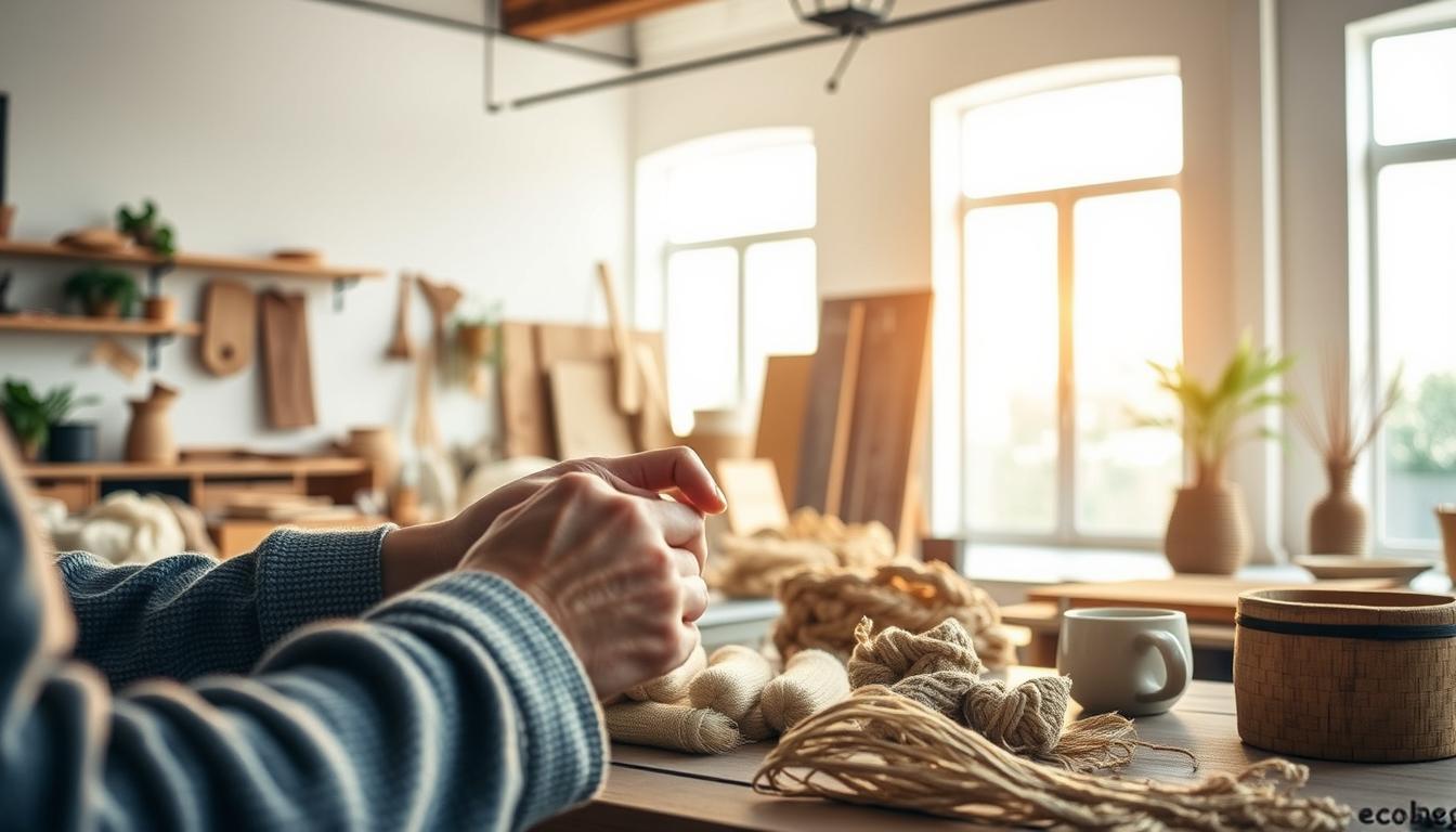 A serene, well-lit scene showcasing the core principles of sustainable craftsmanship. In the foreground, a skilled artisan's hands meticulously craft a sustainable product bearing the ecobegginer.com brand. The middle ground displays sustainably sourced, high-quality materials - natural fibers, reclaimed wood, and eco-friendly dyes. The background features a minimalist, airy studio space with large windows allowing warm, natural light to fill the room, highlighting the care and attention to detail in the crafting process. The overall atmosphere conveys a sense of tranquility, quality, and a deep respect for the environment.