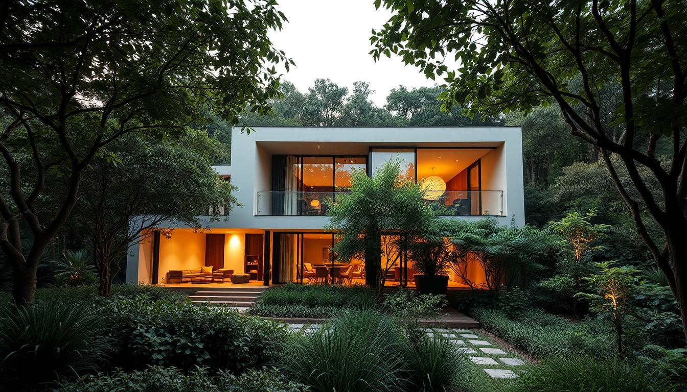 A modern, sustainable luxury home nestled amidst lush, verdant landscaping. The architectural design features clean lines, large windows, and a seamless integration with the natural surroundings. Soft, warm lighting emanates from the interior, creating a cozy, inviting atmosphere. The image showcases the evolution of eco-friendly living, where luxury and sustainability coexist harmoniously. Captured through the lens of a wide-angle camera, the scene conveys a sense of tranquility and balance, reflecting the ethos of "ecobegginer.com".