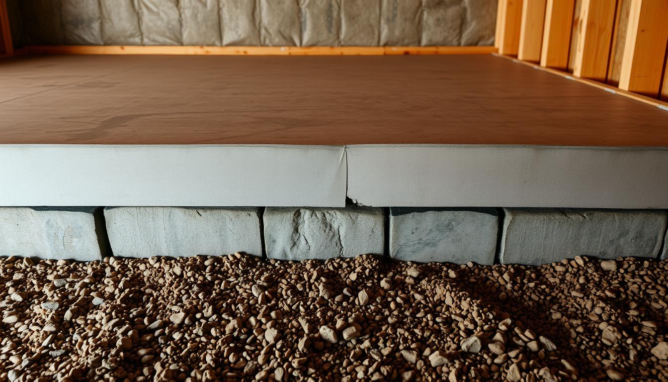 A well-insulated, moisture-resistant home foundation, showcasing various construction techniques and materials. A sturdy concrete slab with reinforced footings sits atop a gravel bed, with rigid foam insulation lining the perimeter. Carefully installed vapor barriers and drainage systems ensure long-term durability and protection against water damage. The foundation is bathed in warm, directional lighting, highlighting its clean lines and attention to detail. Captured from a low angle, the image conveys a sense of solidity, reliability, and thoughtful engineering - the critical underpinnings of a tiny house built to withstand the elements.