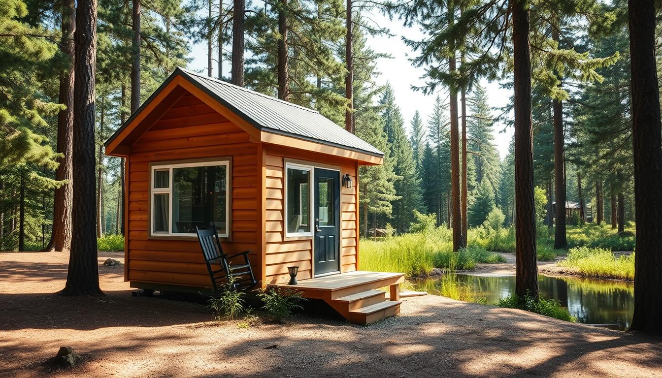 A cozy and compact 400 square feet tiny house nestled in a serene forest clearing. The structure features a warm, rustic exterior with wooden siding and a gently sloping roof. Sunlight streams through large windows, illuminating the minimalist yet functional interior. A small porch with rocking chairs overlooks a tranquil pond, surrounded by lush greenery and towering pine trees. The scene conveys a sense of peaceful living in harmony with nature, embodying the essence of the IRC Appendix Q standard for tiny homes.
