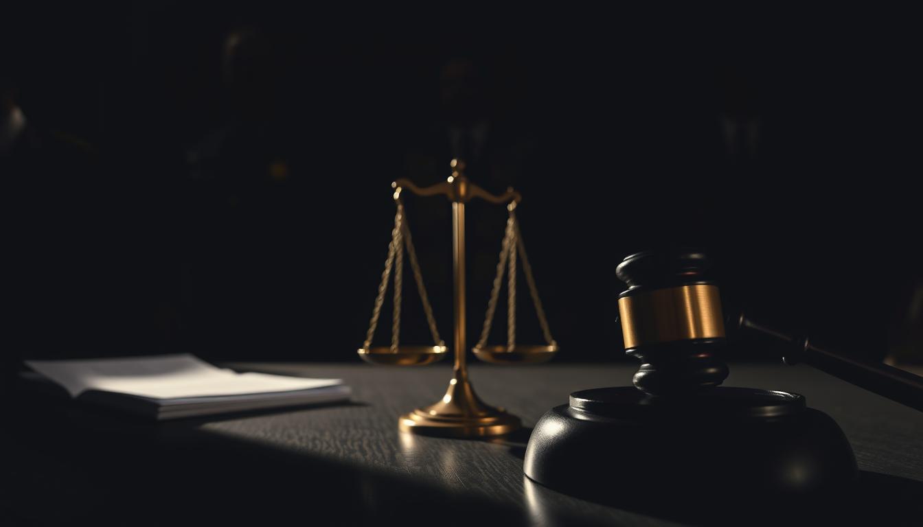 A dimly lit, shadowy courtroom setting with a focal point on a judge's gavel and the scales of justice. In the background, glimpses of law enforcement uniforms and legal documents allude to the legal proceedings. Dramatic lighting casts long shadows, conveying a sense of gravity and seriousness. The overall tone is somber, with a subtle hint of urgency, reflecting the consequences of Boating Under the Influence. The composition and details work together to powerfully illustrate the penalties and legal implications of BUI.
