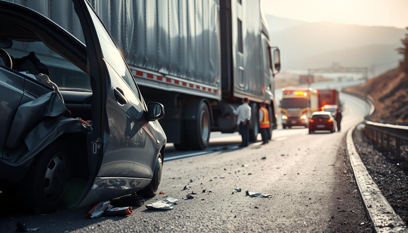 A semi-truck collides with a small sedan on a winding highway, debris scattered across the asphalt. In the foreground, a crumpled car door lies ajar, its occupant's belongings spilled out. In the middle ground, the hulking mass of the truck rests at an angle, its front end badly damaged. The background depicts a scene of chaos, with emergency vehicles, flashing lights, and concerned bystanders gathered around. The lighting is harsh, casting deep shadows and highlighting the gravity of the accident. The lens captures the scene from a low angle, emphasizing the towering size of the truck and the vulnerability of the smaller vehicle. The overall mood is one of urgency and somber consequence, a stark reminder of the legal liability and negligence that can arise from fatigue-related accidents.