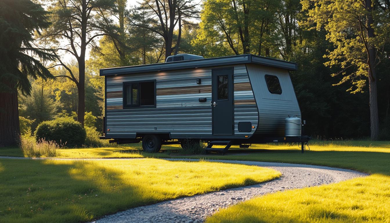 A compact, self-contained tiny house trailer nestled in a peaceful, natural setting. The trailer's sleek, modern design features a gently sloping roof, large windows, and a cozy porch. Sunlight filters through the trees, casting a warm, golden glow on the trailer's weathered wood and metal accents. In the foreground, a well-manicured lawn dotted with wildflowers leads to a gravel path winding through the lush, verdant landscape. Subtle, earthy tones and clean lines create a harmonious, minimalist aesthetic, conveying a sense of tranquility and simplicity.