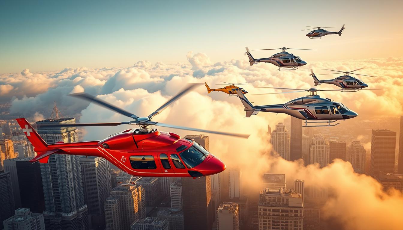 A vibrant scene showcasing various types of medical helicopters in flight over a bustling city skyline. In the foreground, a sleek, red emergency medevac helicopter hovers gracefully, its powerful rotors casting dramatic shadows. In the middle ground, a sturdy, yellow search and rescue helicopter navigates through fluffy white clouds, ready to respond to remote emergencies. In the background, a pair of sleek, silver air ambulance helicopters soar high above the towering skyscrapers, their powerful engines and advanced avionics enabling rapid patient transport. The scene is illuminated by warm, golden sunlight, creating a sense of urgency and professionalism, reflecting the critical missions of these vital aerial medical assets.