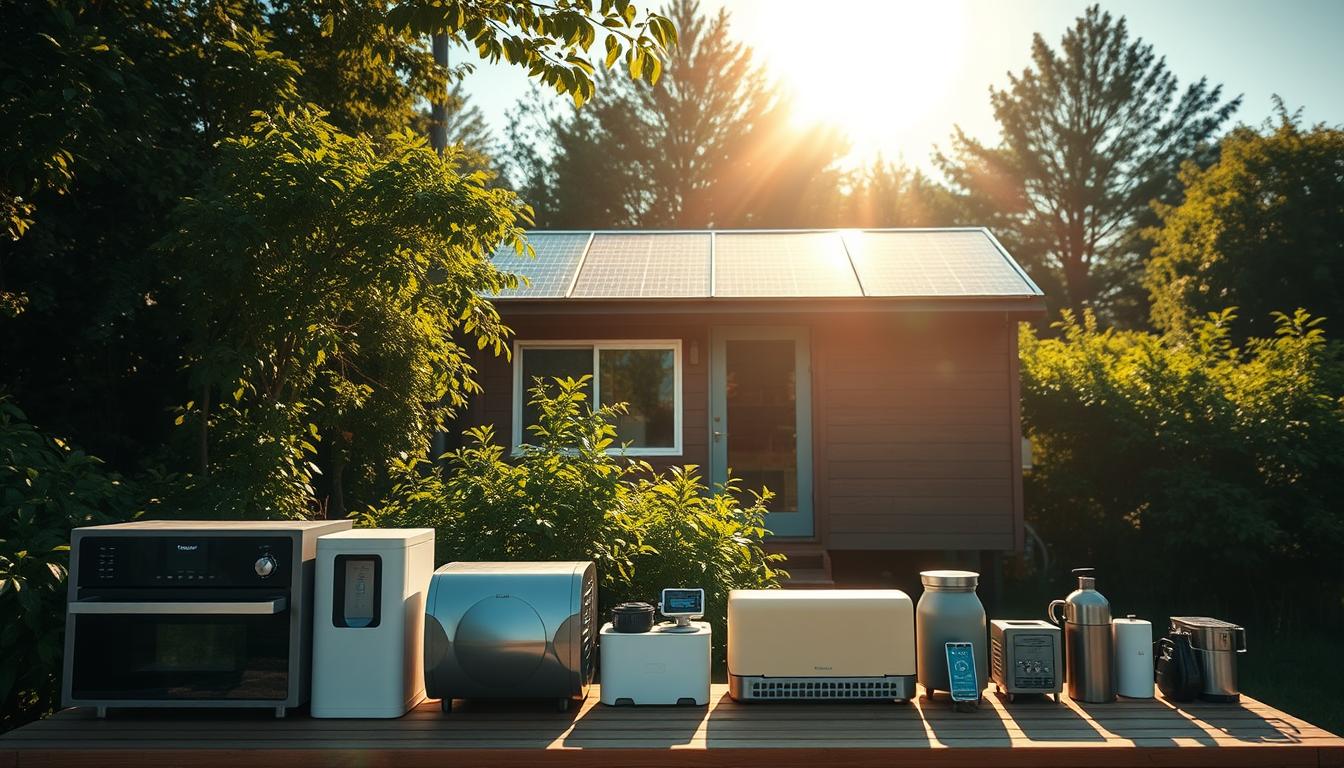 A serene, sun-drenched tiny house nestled amidst lush greenery, its solar panels glinting in the warm light. In the foreground, a neatly organized array of energy-efficient appliances and smart home technologies, showcasing the long-term cost savings and sustainability of this off-grid living solution. The minimalist, modern architecture blends seamlessly with the natural landscape, creating a harmonious and tranquil atmosphere. Soft shadows and gentle reflections add depth and dimension to the scene, inviting the viewer to imagine the comfort and financial benefits of this zero-energy tiny house lifestyle.