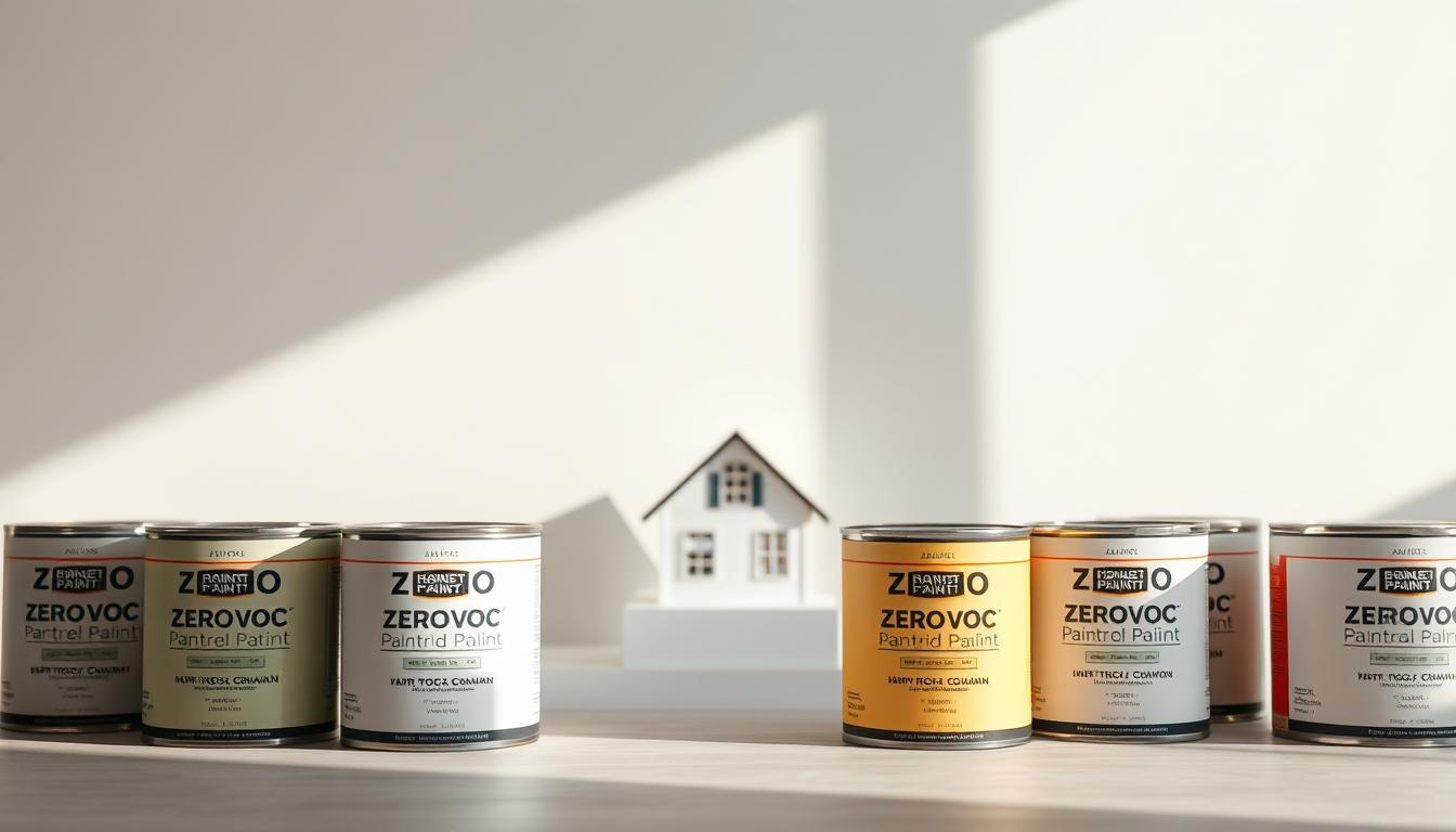 A well-lit still life showcasing a variety of zero-VOC paint cans in the foreground. The cans are arranged neatly, displaying their vibrant colors against a clean, minimalist background. The lighting is soft and natural, highlighting the matte finish of the paint. In the middle ground, a tiny house model stands, representing the application of these low-toxin paints. The background is a simple, white wall, allowing the paint cans and the tiny house to be the focal points. The overall mood is one of simplicity, quality, and environmental consciousness.