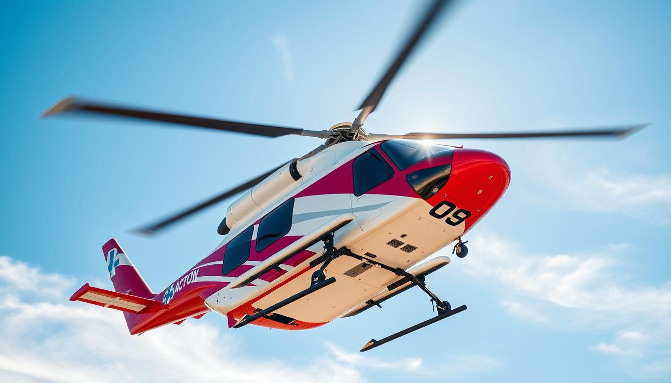 A sleek, state-of-the-art air medical transport helicopter hovering gracefully against a clear, azure sky. The aircraft's polished red and white fuselage gleams in the warm sunlight, its rotor blades slicing through the air with precision. The scene is captured from a low, dynamic angle, emphasizing the power and dynamism of the emergency vehicle. In the foreground, the helicopter's advanced medical equipment and cargo hold are visible, ready to provide critical care and rapid transport. In the middle ground, the aircraft's streamlined design and advanced avionics are on full display. The background is filled with wispy clouds, conveying a sense of urgency and the vehicle's ability to quickly navigate the skies. Overall, the image projects a commanding, professional, and technologically-advanced air medical transport solution.