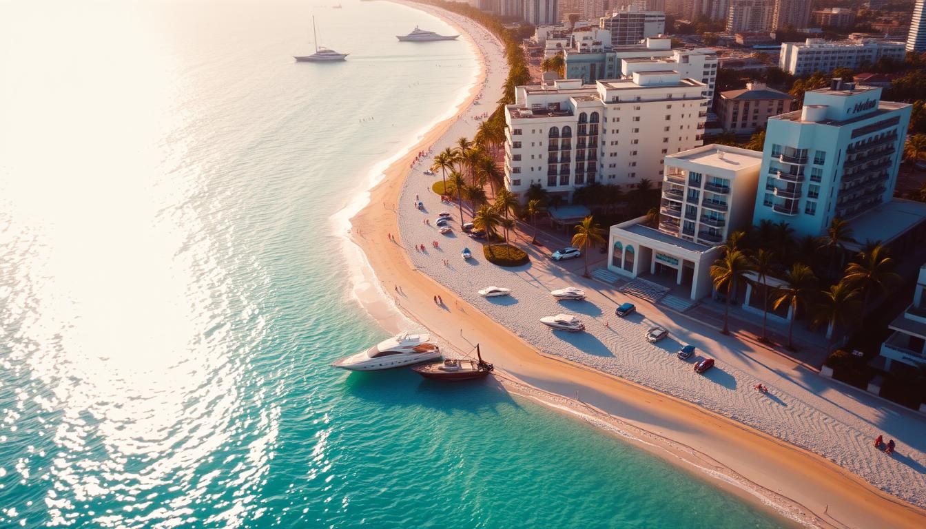 An aerial view of Miami Beach, Florida, showcasing the iconic Art Deco architecture lining the pristine white sand beaches. Glistening turquoise waters of the Atlantic Ocean stretch out to the horizon, dotted with luxury yachts and beachgoers enjoying the warm, tropical climate. Tall palm trees sway gently in the breeze, framing the vibrant, pastel-colored buildings. Capture the essence of this quintessential American coastal city, bathed in warm, golden sunlight with a soft, hazy glow casting a dreamy atmosphere over the scene.