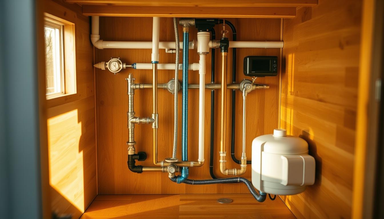 A compact and visually organized tiny house plumbing system, showcasing the intricate network of pipes, valves, and fittings required to comply with local building codes. The layout features a clean, minimalist design with a focus on efficient water usage and regulatory compliance. Warm, natural lighting illuminates the scene, casting gentle shadows on the exposed pipes and highlighting the meticulous attention to detail. The scene conveys a sense of thoughtful planning and engineering, reflecting the challenges and considerations faced when designing a functional plumbing system for a tiny dwelling.