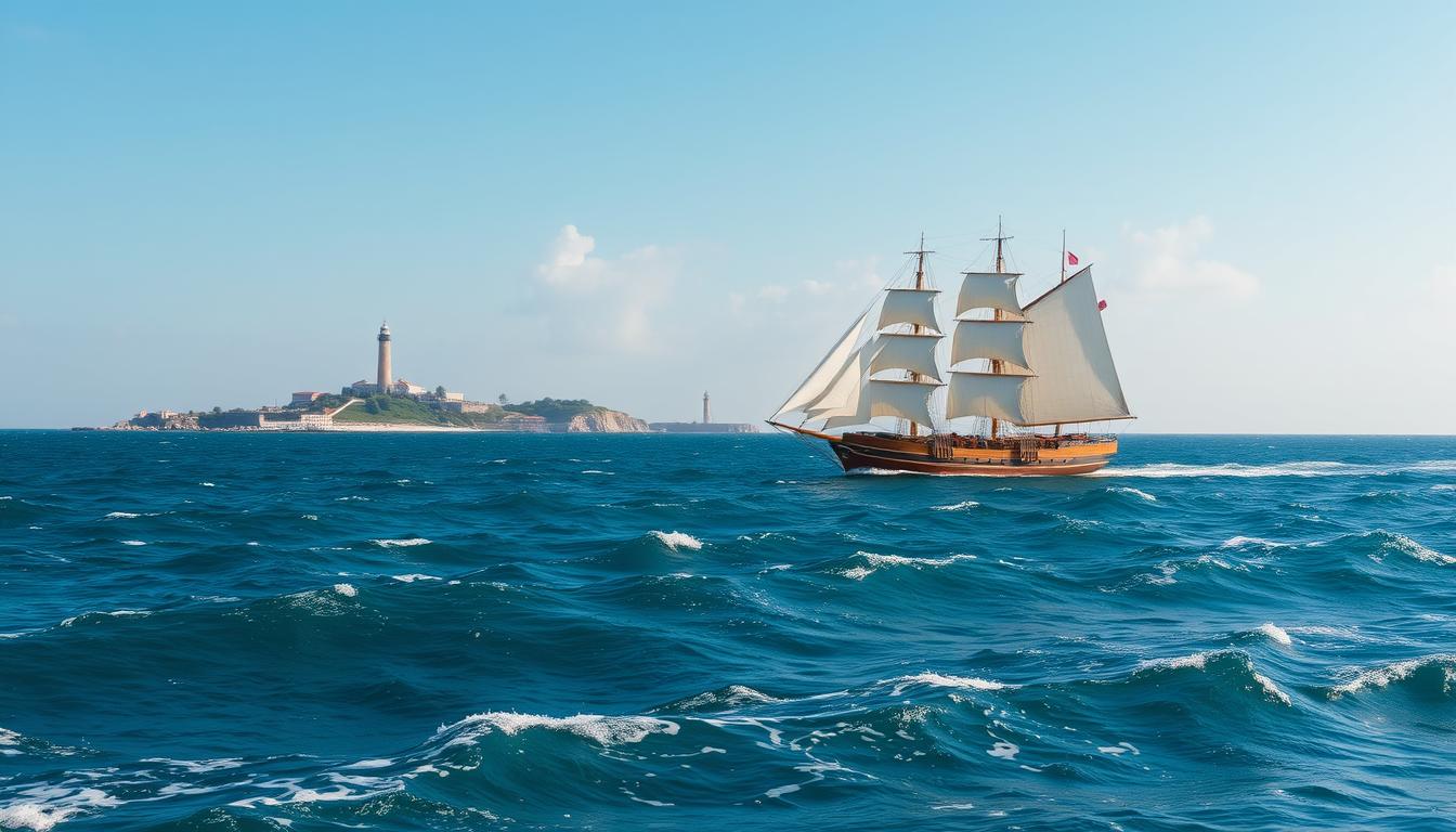 A vast expanse of azure waves, crested with foaming whitecaps, stretches out beneath a cloudless sky. In the foreground, a stately ship with billowing sails glides effortlessly across the tranquil waters, its polished wooden hull reflecting the sun's golden rays. Towering lighthouses stand vigilant on distant shores, their beacons guiding vessels through treacherous currents. The scene evokes a sense of timeless maritime tradition, where the laws of the sea govern the ebb and flow of maritime commerce and the lives of those who brave the open waters.