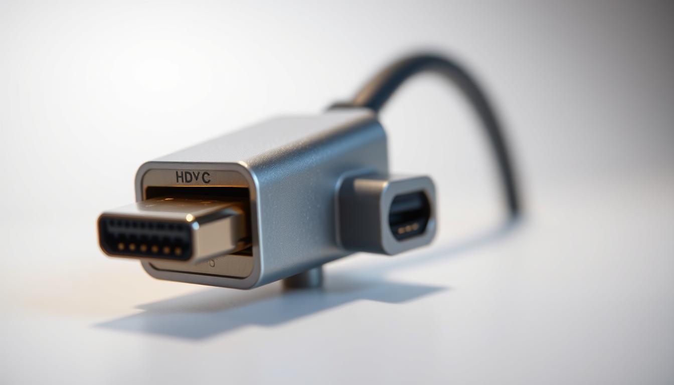 A high-quality, macro-style photograph of a USB-C to HDMI adapter, showcasing the intricate details and connectivity ports. The adapter is positioned against a clean, minimalist background, with soft, indirect lighting highlighting its sleek, metallic exterior and the precisely engineered components within. The image captures the adapter's versatility and the seamless integration of USB-C and HDMI technology, conveying a sense of utility and innovation in a DIY electronics project.