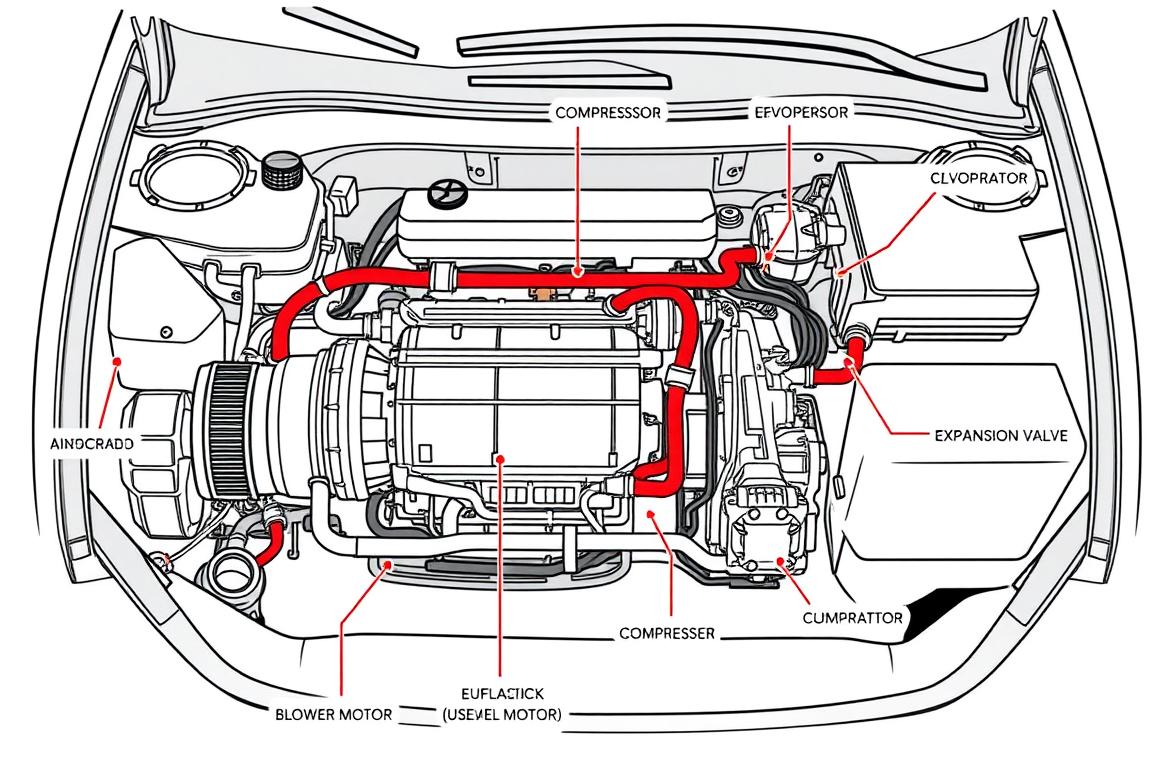 Vehicle HVAC system components diagram showing common problem areas