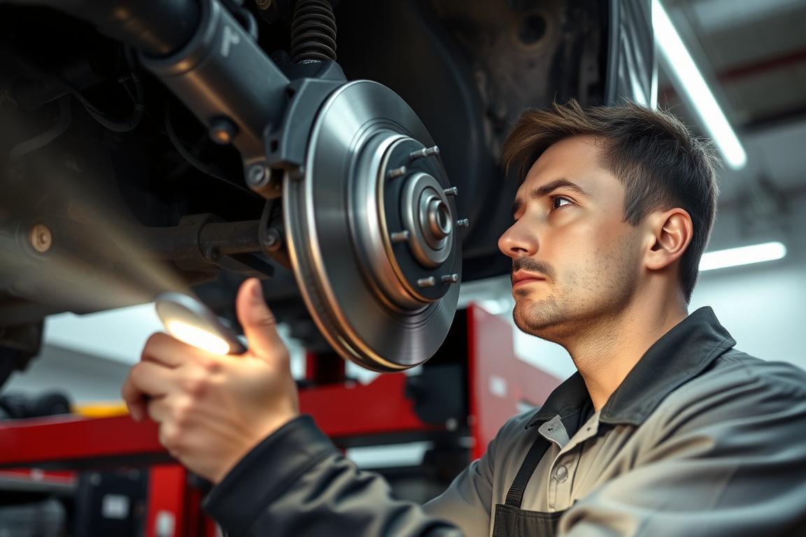 Mechanic diagnosing brake problems on vehicle at Woodstock Brake Repair shop