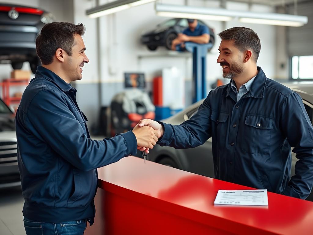 Satisfied customer receiving keys after Woodstock suspension repair service