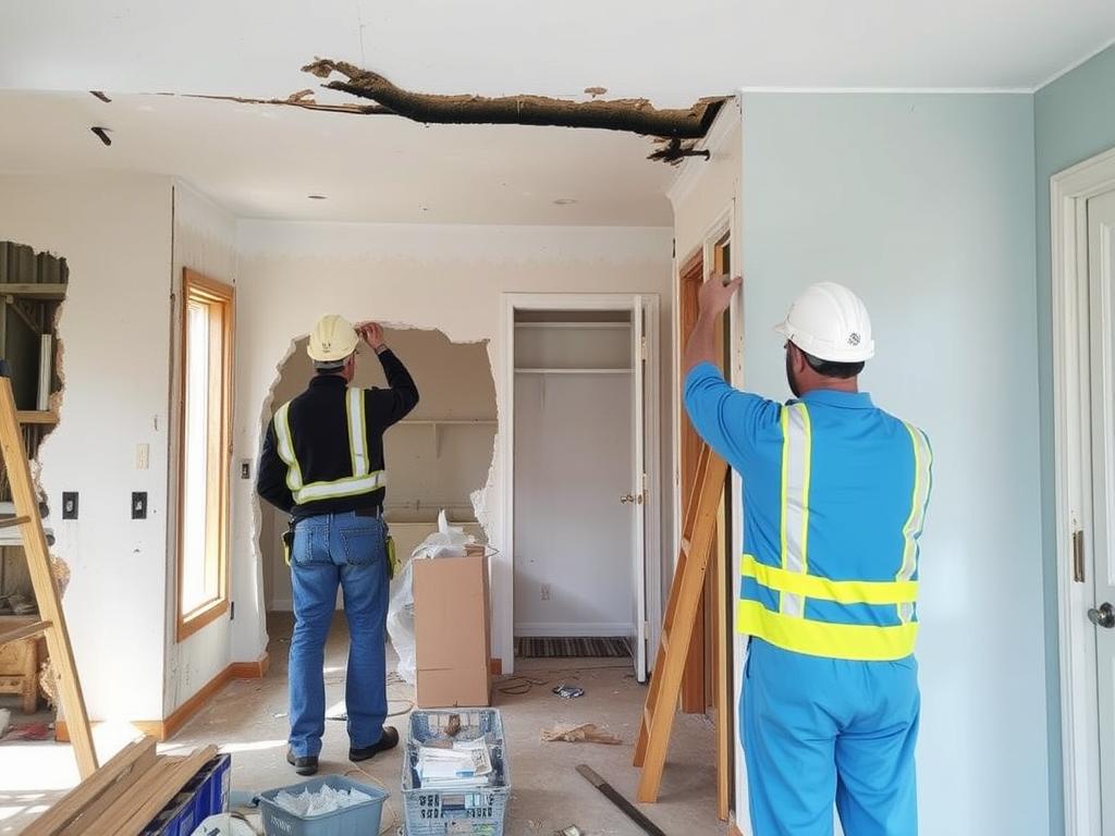 Reconstruction phase of fire damage restoration showing rebuilding of damaged areas