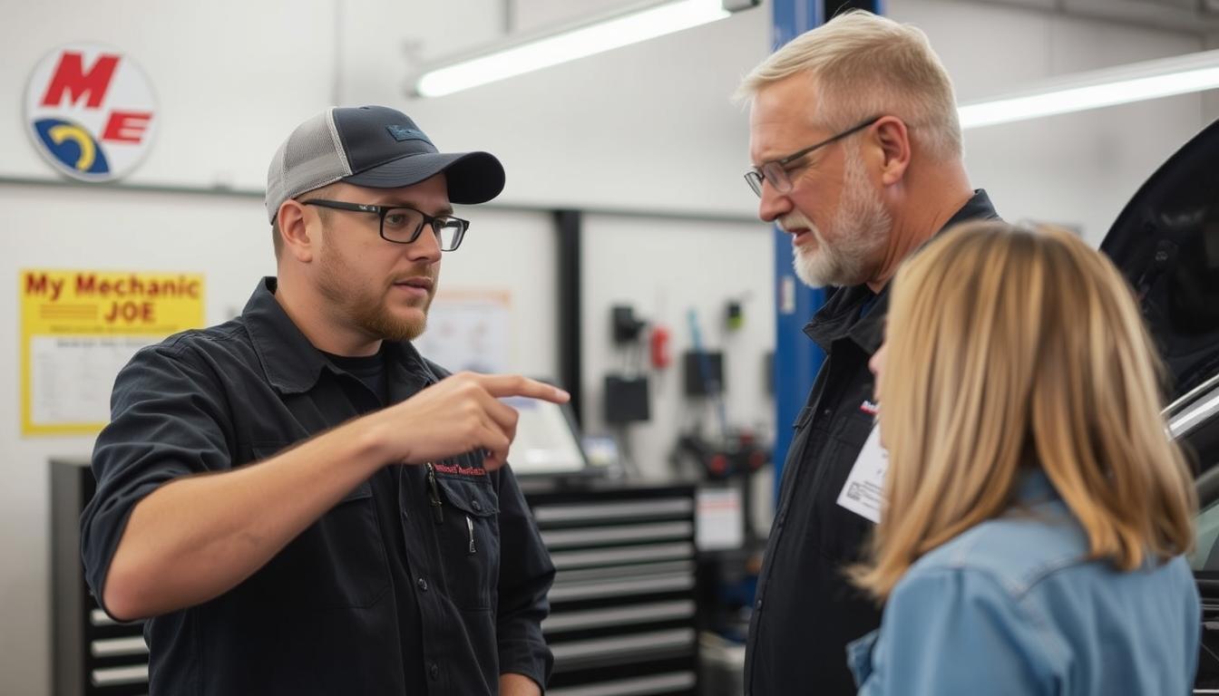 Technician answering customer questions about Woodstock auto electrical service
