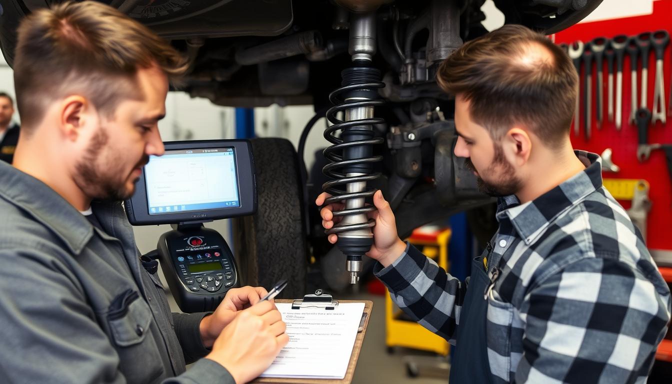 Mechanic performing thorough vehicle inspection in Woodstock repair shop