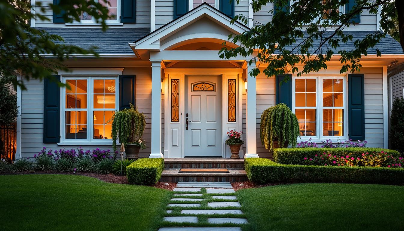 A stunning suburban home with a well-manicured lawn and lush landscaping, the exterior exuding a warm, inviting atmosphere. In the foreground, a newly installed decorative front door and matching sidelights, accented by elegant hardware. The middle ground features a freshly painted façade with clean lines and a harmonious color palette. In the background, a neatly trimmed hedge and strategically placed flowering plants add to the curb appeal. Warm, natural lighting bathes the scene, creating a welcoming ambiance. The image captures the essence of a home exterior that has been expertly enhanced by Innova Contracting Group, a trusted provider of residential exterior remodeling services.