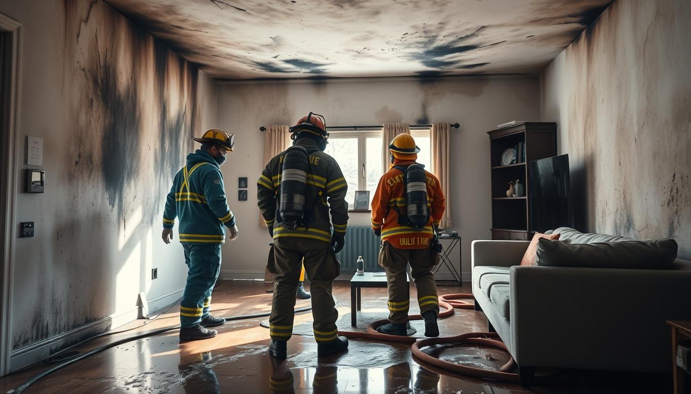 Fire damage restoration team assessing a burned living room with smoke damage and water from fire hoses