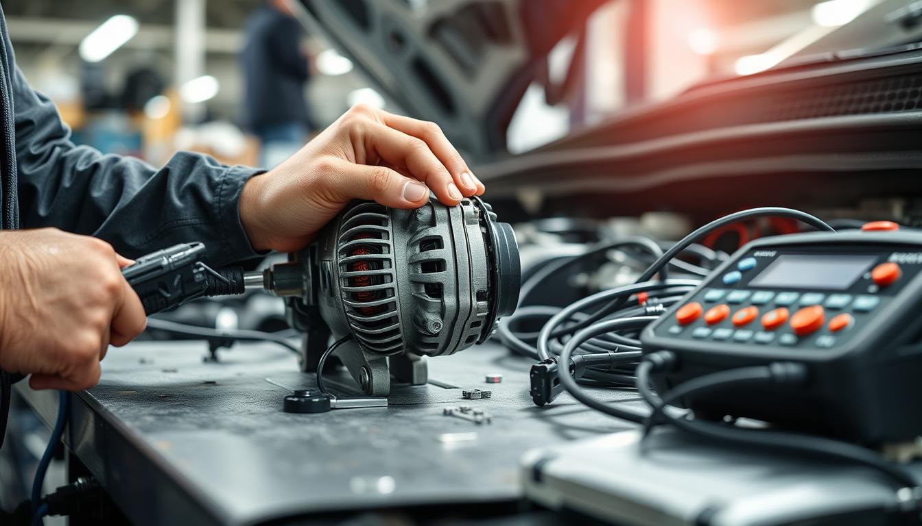 Technician performing alternator repair as part of Woodstock auto electrical service