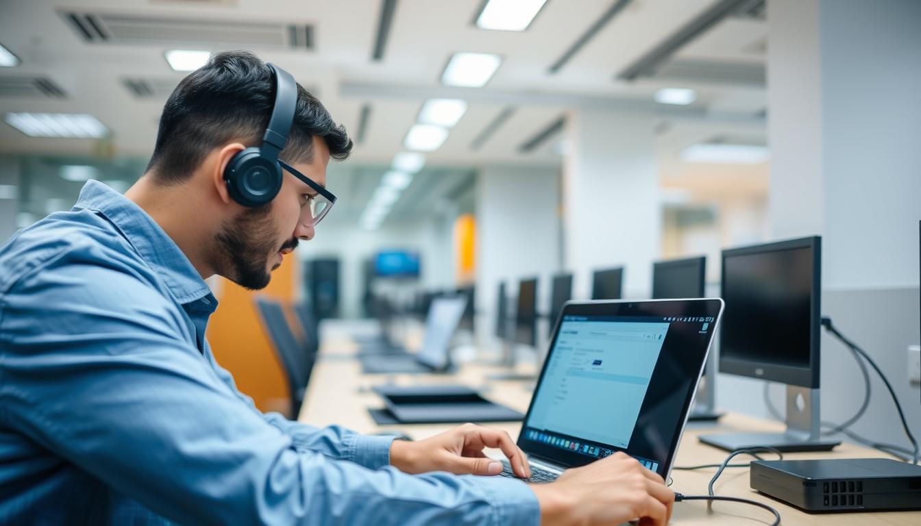 فني شبكات انترنت يقوم بتركيب وبرمجة راوتر في مكتب بغرب الجهراء