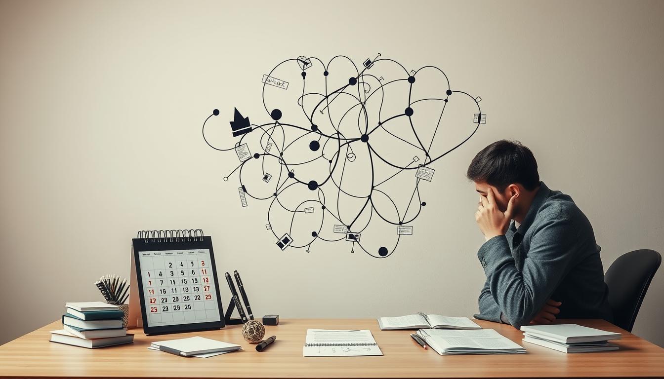 Prompt A complex web of interlocking tasks and responsibilities, representing the challenges of task management, set against a serene, minimalist backdrop. A desk with various task-related objects - a calendar, to-do lists, and a thoughtful, pensive individual contemplating the best organizational strategies. Muted tones and soft shadows convey a sense of focus and contemplation, while the intricate interplay of elements symbolizes the nuances and obstacles encountered in effective task management. The scene evokes a mood of thoughtful analysis, as the viewer is drawn into the thoughtful consideration of optimizing productivity and overcoming the hurdles of managing a complex workload.