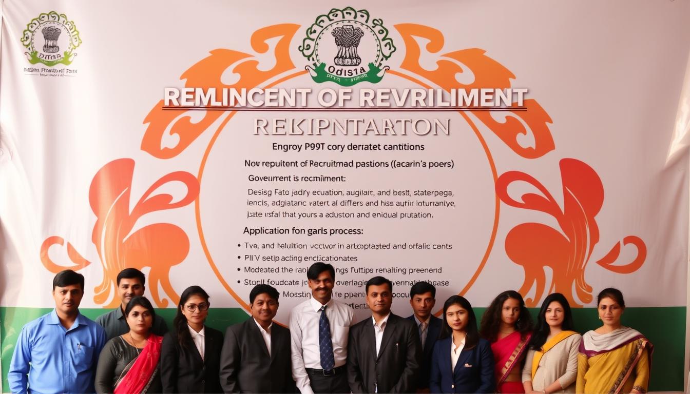 A vibrant, official-looking poster against a backdrop of the Odisha state emblem, showcasing a recruitment announcement for government enumerator positions. In the foreground, a group of diverse individuals in formal attire, representing the diverse applicant pool. The middle ground features clear, concise details about the job requirements, application process, and deadlines, presented in a clean, organized layout. The background subtly incorporates elements symbolic of Odisha's rich cultural heritage, creating a sense of regional pride and belonging. Warm, professional lighting and a balanced composition convey a sense of authority and accessibility, inviting qualified candidates to apply.