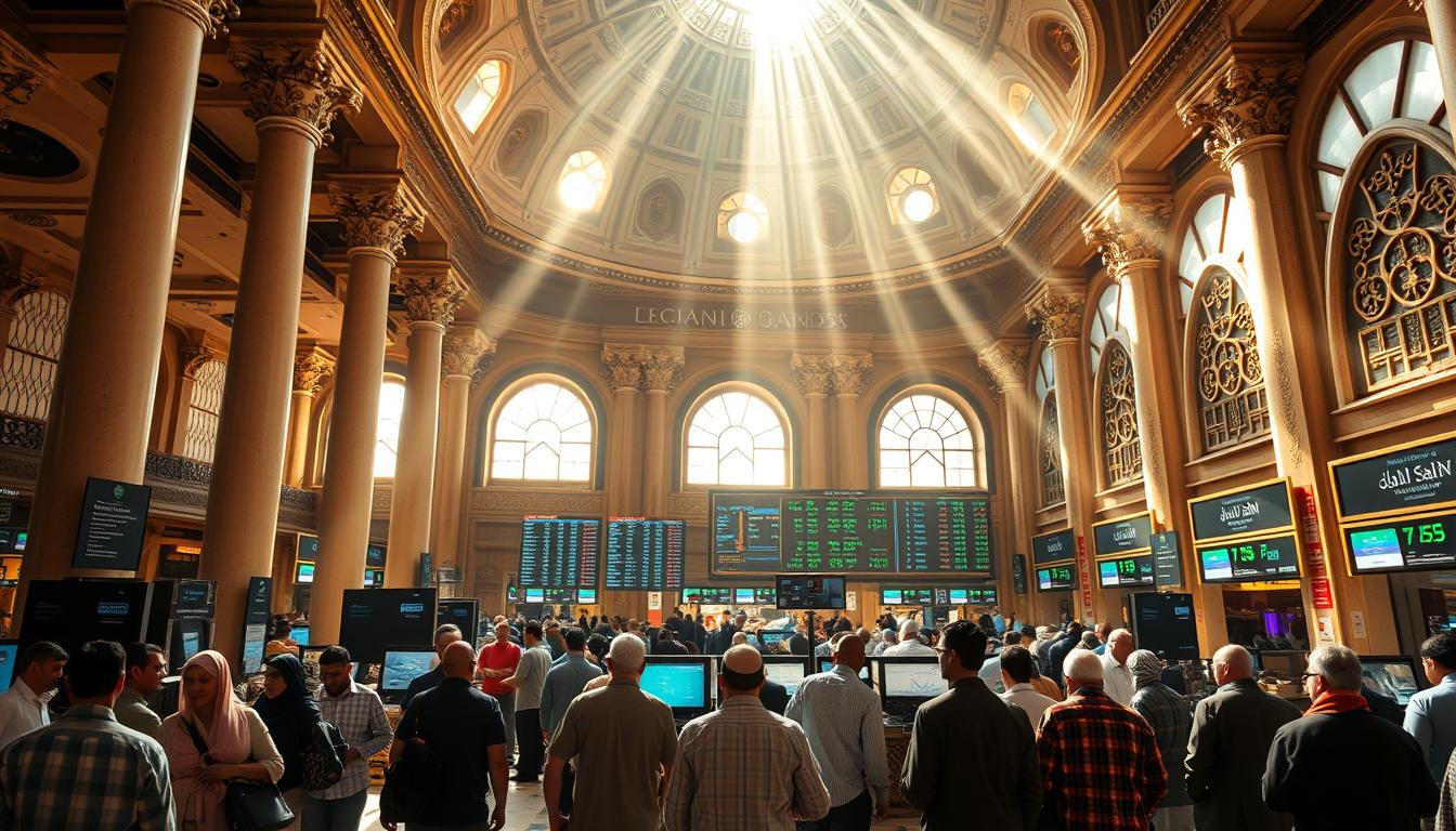 A bustling Middle Eastern currency exchange marketplace, with traders and brokers exchanging currencies under a domed roof. Sunlight streams in through large windows, casting a warm glow over the scene. Ornate columns and intricate tiled floors add to the elegant, historic ambiance. In the foreground, people gather around screens displaying real-time forex data, intensely focused on their trading activities. In the background, merchants barter and negotiate, the air thick with the sounds of Arabic chatter and the clink of coins. The overall atmosphere conveys the dynamic, fast-paced nature of the global forex market.