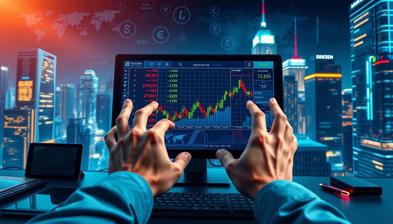 A vibrant, dynamic forex trading scene with a focal point of a digital screen displaying real-time currency exchange rates and charts. The foreground features a trader's hands interacting with the screen, surrounded by trading tools and devices. The middle ground showcases various forex-related symbols, such as world maps, currency symbols, and financial graphs. The background is filled with a clean, futuristic cityscape with skyscrapers and neon lights, creating a sense of a bustling financial hub. The lighting is dramatic, with a combination of cool, blue hues and warm, amber tones to convey the intensity and excitement of the forex market. The overall mood is one of focus, determination, and the potential for success in the fast-paced world of forex trading.
