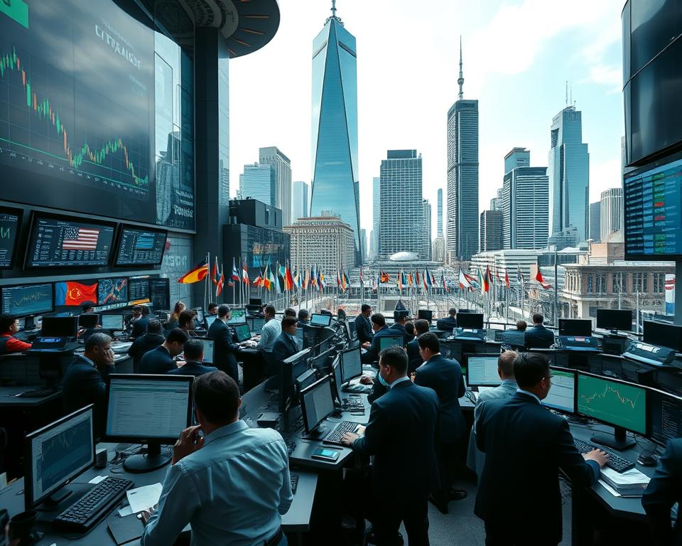 A bustling foreign exchange market scene, captured with a wide-angle lens and diffused natural lighting. In the foreground, a dynamic trading floor with brokers and analysts intently monitoring digital screens displaying real-time currency data. The middle ground showcases the diverse international flags and symbols, representing the global nature of the forex ecosystem. In the background, towering skyscrapers and a vibrant cityscape convey the financial epicenter's energy and economic influence. The overall atmosphere is one of intense focus, technological integration, and the pulse of worldwide financial transactions.