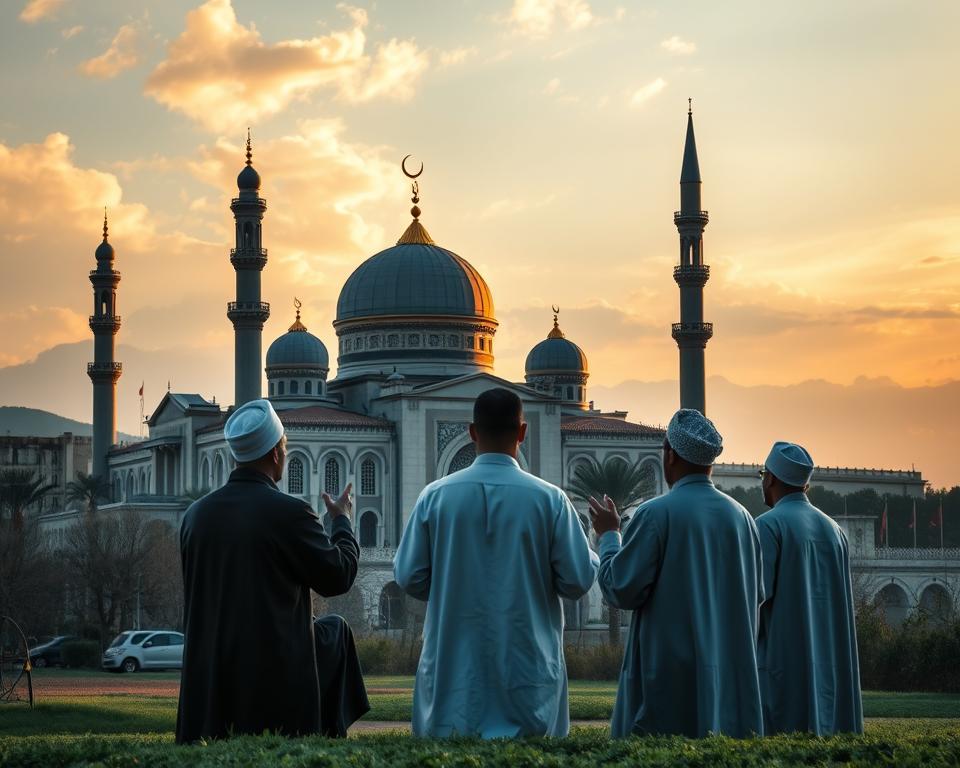 A majestic mosque with ornate domes and minarets stands in the foreground, casting a warm glow across a serene landscape. In the middle ground, a group of scholars in traditional Islamic robes engage in a lively discussion, their hands gesturing as they contemplate the intricacies of Islamic finance. The background features a serene sky with softly billowing clouds, conveying a sense of contemplation and spiritual introspection. The overall scene evokes a thoughtful, reverent atmosphere as it explores the intersection of Islamic principles and the complex world of foreign exchange trading.