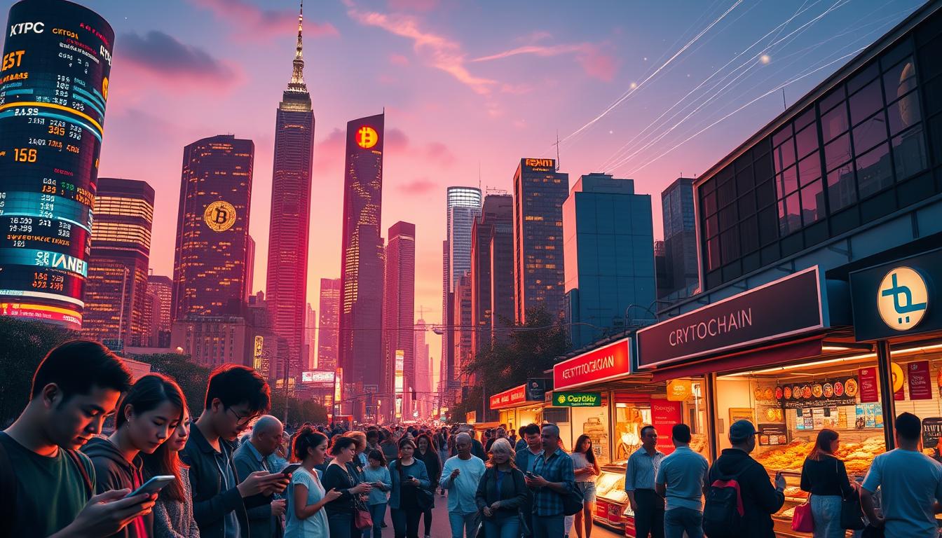 A bustling cityscape at dusk, skyscrapers illuminated by the glow of digital displays showcasing cryptocurrency prices and trends. In the foreground, a diverse group of people, young and old, eagerly conducting transactions on their mobile devices, their faces lit by the soft hues of cryptocurrency wallet interfaces. The middle ground features a lively street scene, with vendors and merchants accepting a variety of digital currencies, their signage and storefronts adorned with cryptographic symbols. In the background, the night sky is dotted with the ethereal trails of data streams, representing the global network of blockchain technology. Warm, vibrant lighting and a sense of optimism and technological progress permeate the scene, illustrating the real-world adoption and integration of cryptocurrency into everyday life.