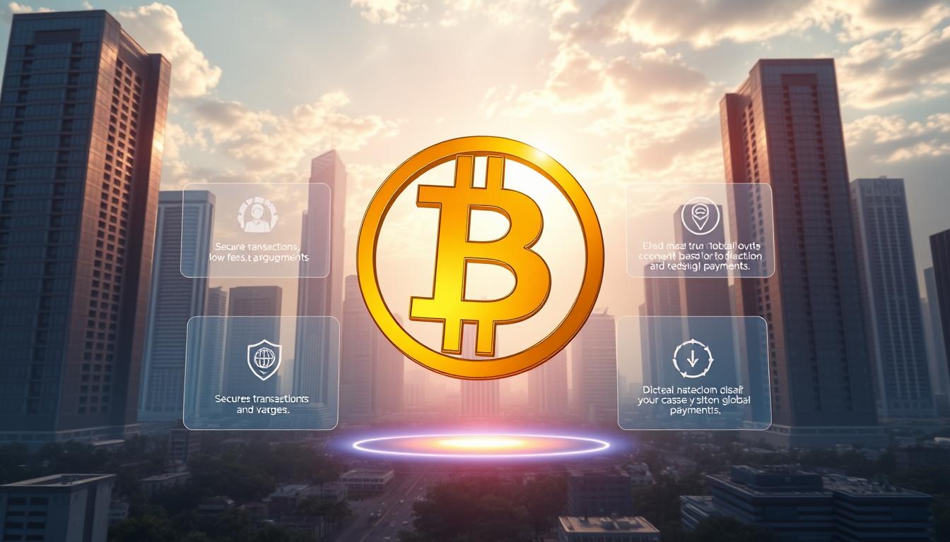 A digital landscape showcasing the benefits of blockchain-based cryptocurrency. In the foreground, a stylized golden bitcoin symbol floats above a futuristic cityscape, its metallic sheen reflecting the warm glow of a sun-dappled sky. In the middle ground, holographic displays illustrate key cryptocurrency advantages such as secure transactions, low fees, and fast global payments. The background features towering skyscrapers with clean, modern architecture, symbolizing the technological innovation and global reach of this new financial system. The scene is bathed in a soft, ethereal light, conveying a sense of progress and the dawn of a new era of digital currency.