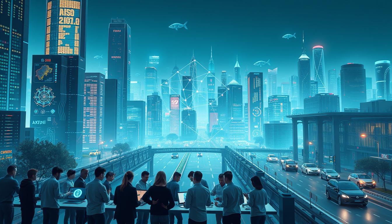 A dynamic blockchain-powered artificial intelligence development company, set against a futuristic cityscape of gleaming skyscrapers and floating holographic displays. In the foreground, a team of diverse researchers and engineers collaborate on a cutting-edge AI project, surrounded by a constellation of digital assets, cryptocurrencies, and data visualizations. The middle ground features a state-of-the-art server farm, its servers humming with the energy of decentralized computation. In the background, a vibrant metropolis stretches out, its streets bustling with autonomous vehicles and pedestrians immersed in a seamless, blockchain-enabled smart city experience. Bathed in a cool, teal-tinged lighting, the scene conveys a sense of innovation, technological advancement, and the promise of a future transformed by the convergence of blockchain and artificial intelligence.