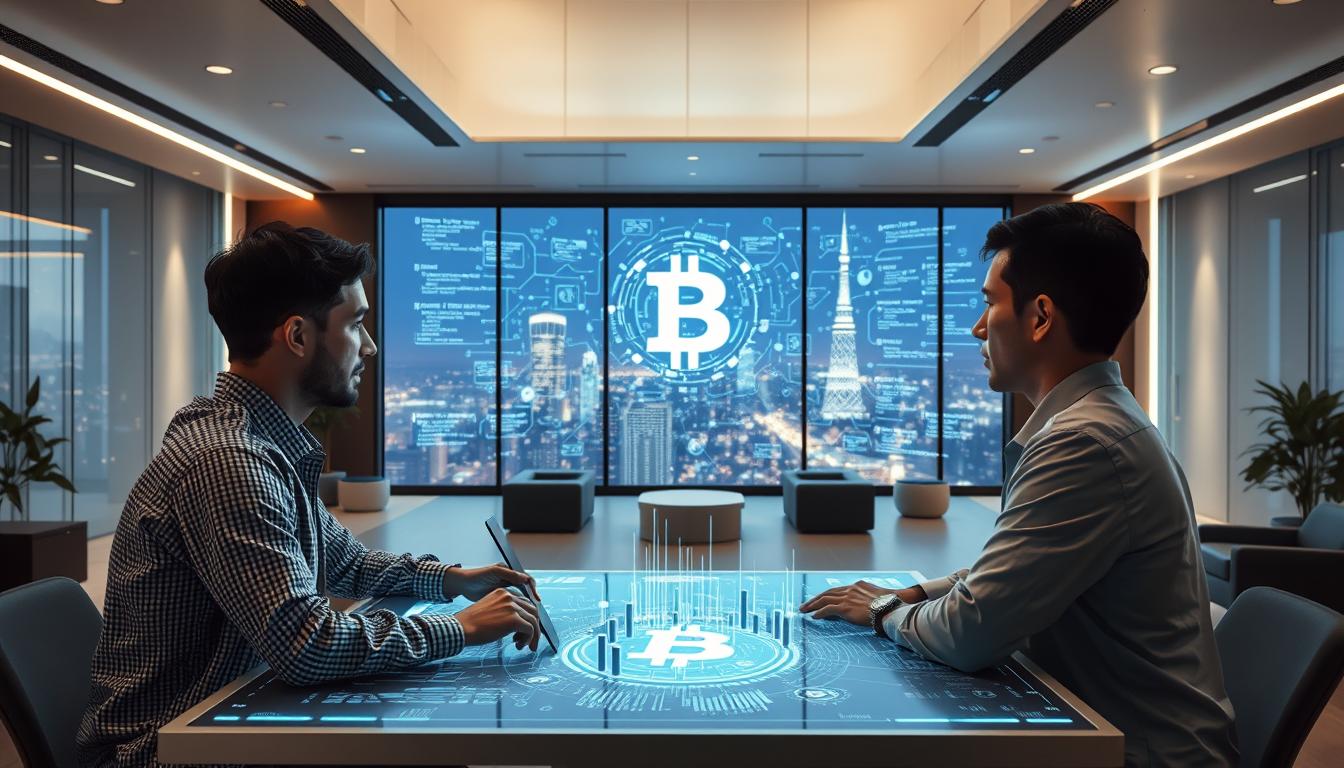 A sleek, modern office interior with a focus on blockchain and AI technology. In the foreground, a team of developers collaborating around a holographic display, lines of code and AI models projected in the air. In the middle ground, a large blockchain visualization takes up a prominent wall, pulsing with activity. The background features floor-to-ceiling windows overlooking a futuristic cityscape, ambient lighting and minimalist furnishings creating a sophisticated, innovative atmosphere. Crisp, high-contrast lighting emphasizes the cutting-edge nature of the scene, shot with a wide-angle lens to capture the full scope of the workspace.