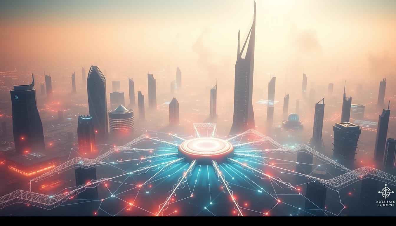 A futuristic cityscape bathed in a soft, ethereal glow. In the foreground, a central node pulses with energy, representing the seamless integration of blockchain and AI technologies. Intricate data visualizations swirl around the node, showcasing the dynamic exchange of information. In the middle ground, towering structures with sleek, angular designs stand as symbols of technological innovation. The background is a hazy, dreamlike landscape, with scattered holographic displays and subtle hints of emerging technologies. The overall atmosphere conveys a sense of harmony, progress, and the boundless potential of this powerful alliance.