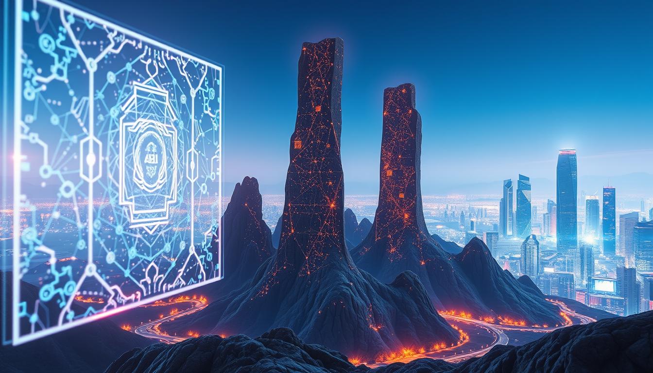 A breathtaking synergy of blockchain and AI technology, set against a vibrant and futuristic landscape. In the foreground, a striking holographic interface displays intricate blockchain data structures interwoven with neural networks, casting an ethereal glow. The middle ground features towering monolithic structures, their surfaces infused with a complex tapestry of cryptographic patterns and digital signatures. In the background, a panoramic view of a gleaming, high-tech cityscape stretches out, its skyscrapers adorned with shimmering, blockchain-enabled displays. Diffused lighting creates a sense of depth and atmosphere, while a sleek, minimalist aesthetic conveys the power and elegance of this transformative technological alliance.