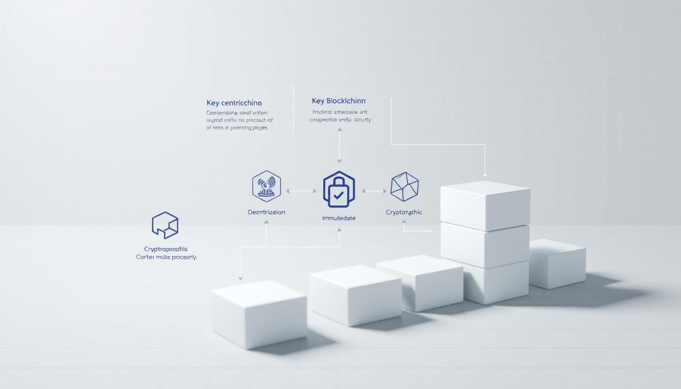 A detailed technical diagram showcasing the fundamental components of blockchain technology. In the foreground, a stylized 3D rendering of a blockchain data structure, with blocks connected in a secure chain. In the middle ground, key blockchain principles such as decentralization, immutability, and cryptographic security are illustrated through geometric shapes and icons. The background features a subtle grid pattern and a soft, neutral color palette to convey a sense of technical sophistication. The lighting is crisp and directional, highlighting the various elements and creating depth and dimension. The overall composition strikes a balance between abstract visualization and practical information, suitable for educating readers on the core mechanics of blockchain.