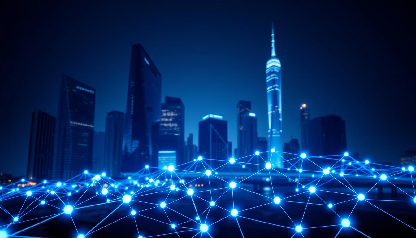 A modern, sleek financial district skyline with towering skyscrapers in the background. In the foreground, a blockchain network visualization with glowing nodes and lines connecting them, symbolizing the integration of blockchain technology into the financial industry. The scene is bathed in a cool, blue-tinted lighting, creating a futuristic and innovative atmosphere. The overall composition emphasizes the seamless integration of blockchain and finance, conveying the transformative potential of this technology in the financial sector.